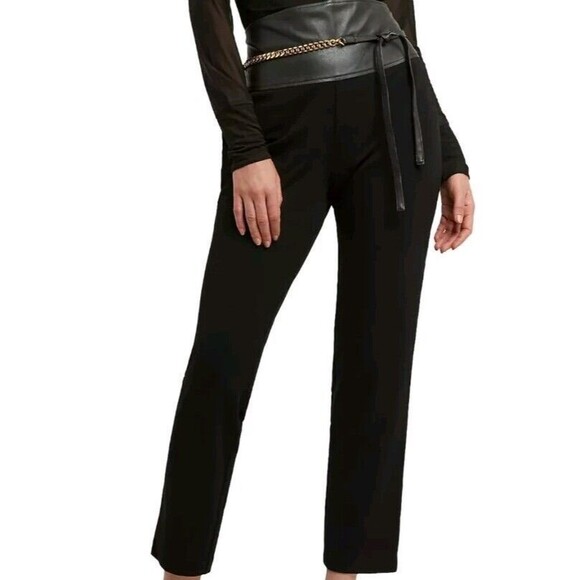 H Halston Women's Faux-Leather-Trim Chain-Belt Pants size XS NWT Black Straight - Picture 1 of 9